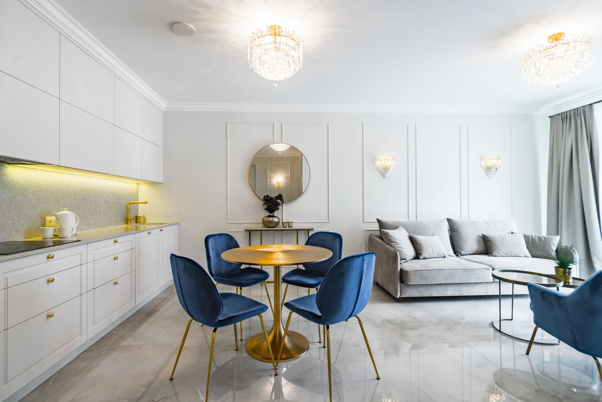 Bright modern apartment interior with open-plan living area