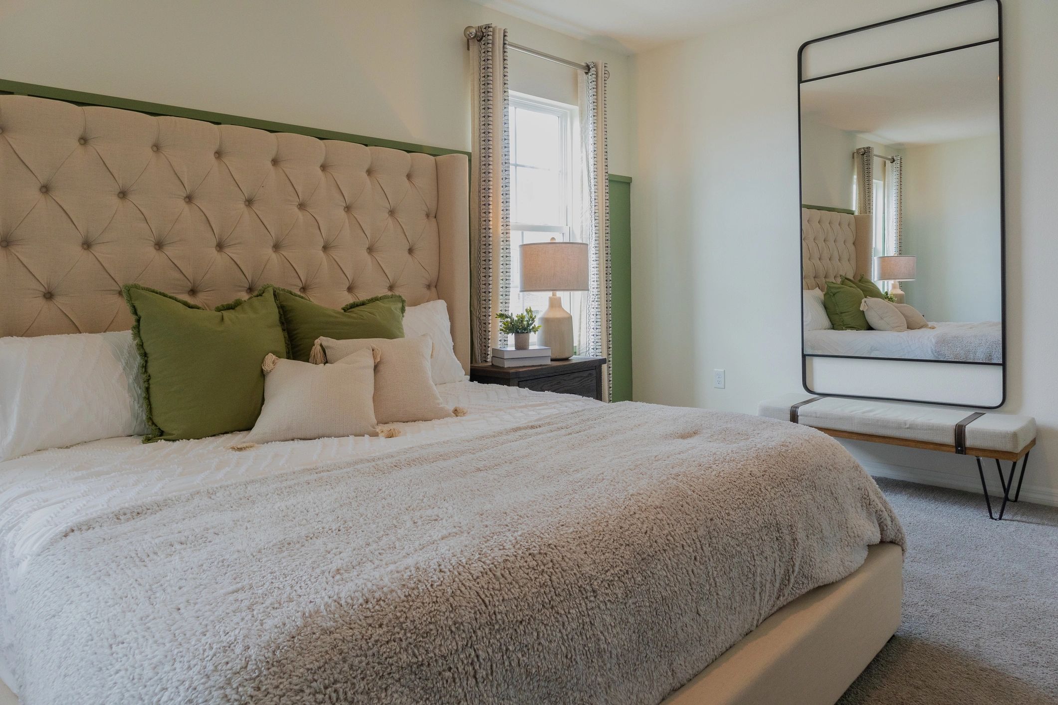 Wide-angle bedroom photo showing clean lines and balanced lighting