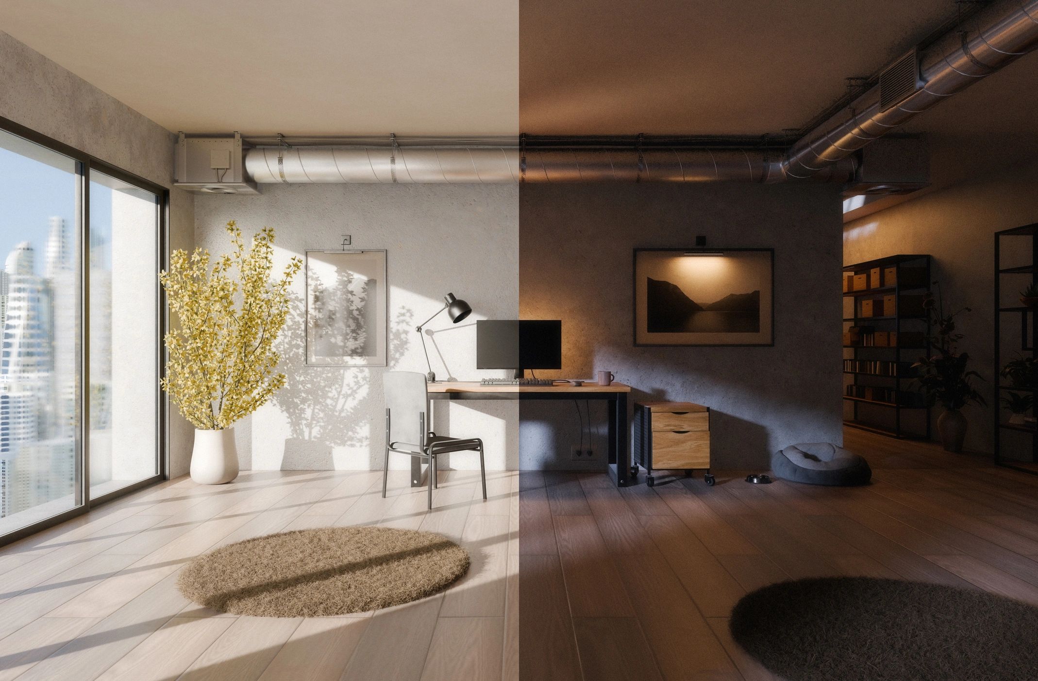 Bright minimalist workspace area in an apartment