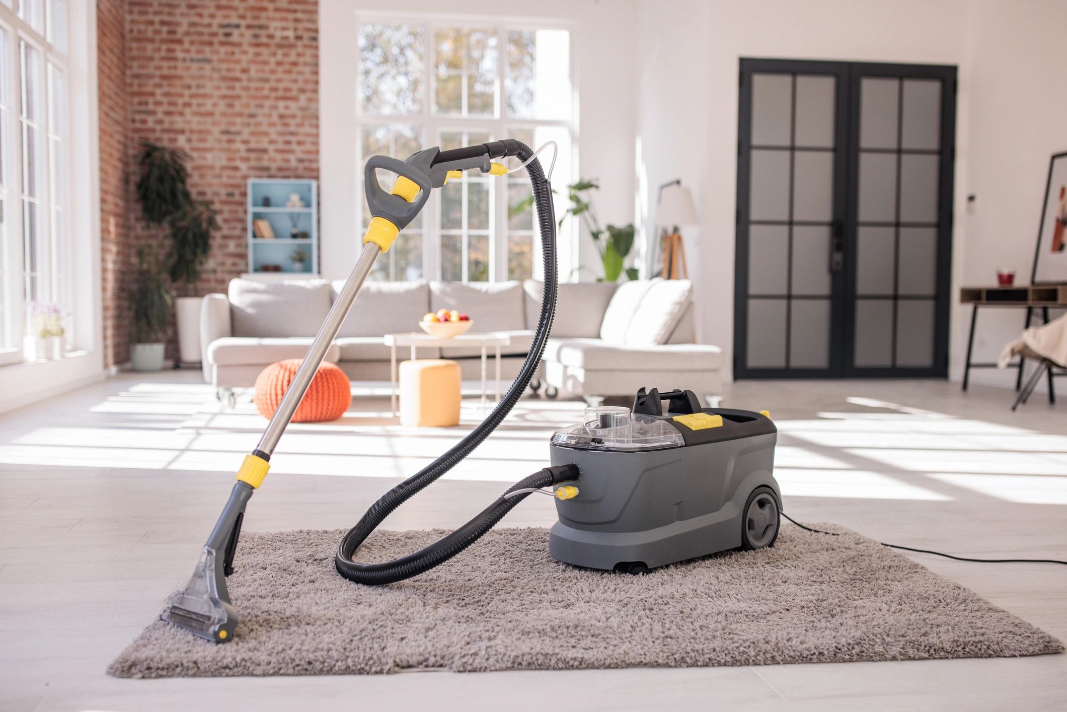 Cleaning equipment in a tidy modern apartment