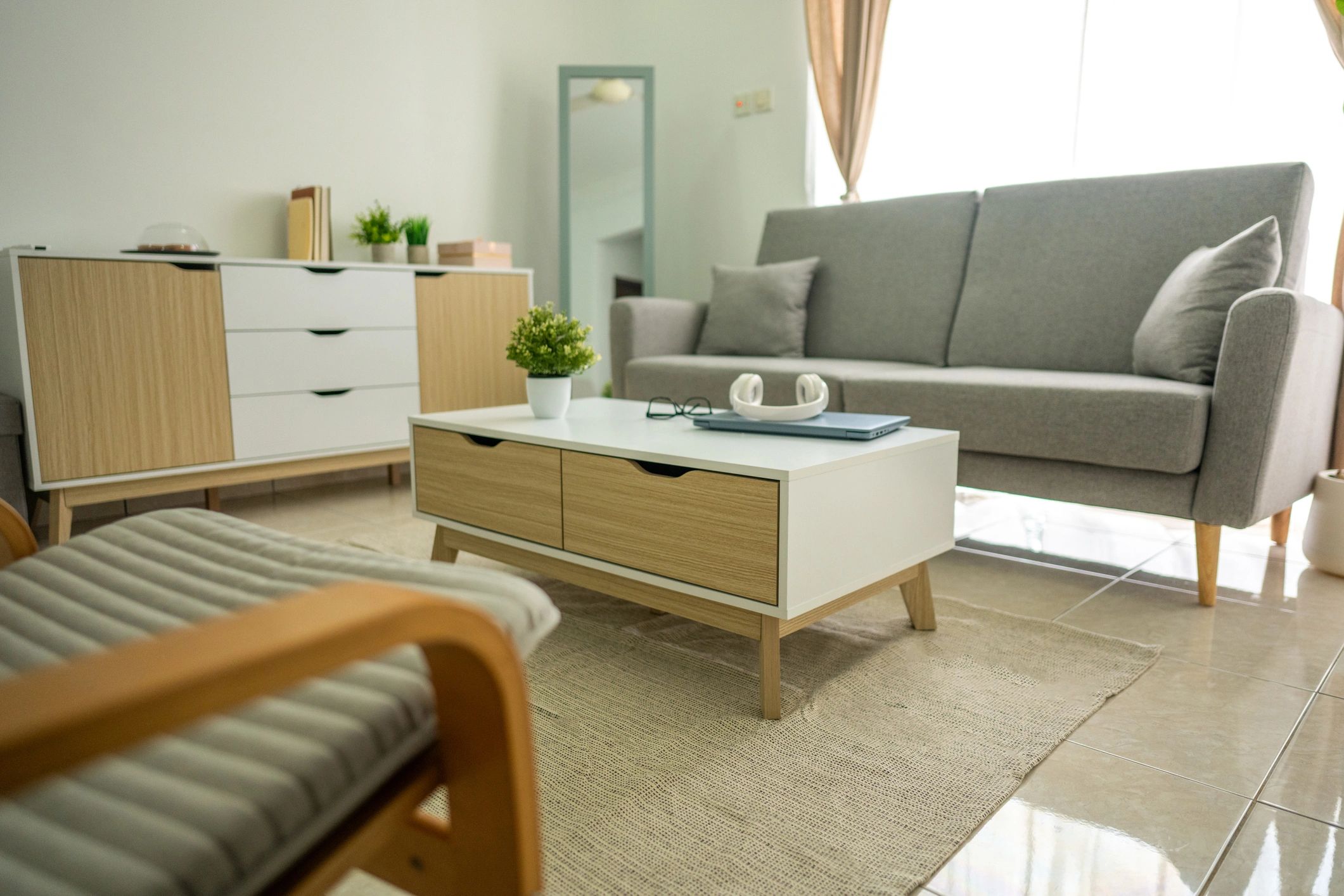 Bright modern living room ready for guests